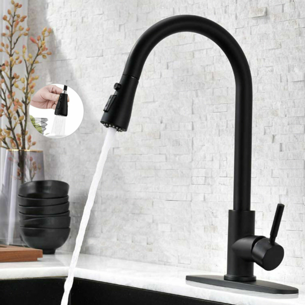 Kitchen Faucet Black Pull Down Sprayer Head 3 Holes Sink Taps W/soap dispenser 2