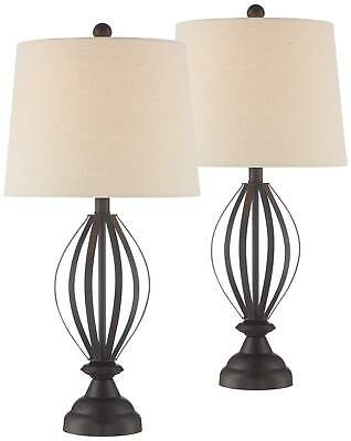 Farmhouse Table Lamps Set of 2 Bronze Open Cage Taupe Drum 1
