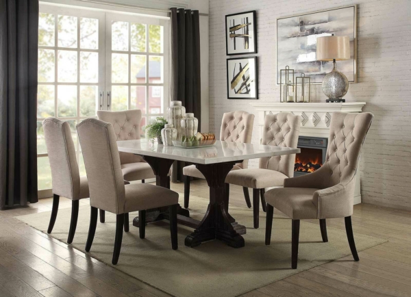 7 piece Dining Room Rectangular Marble Top Table & Fabric Chairs Set