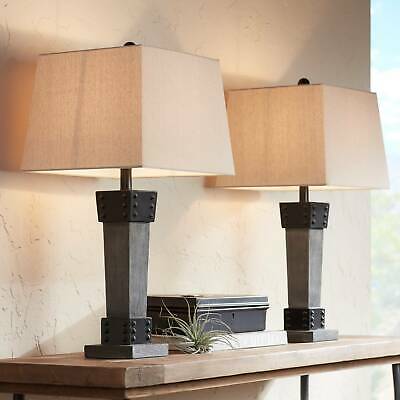 Farmhouse Table Lamps Set of 2 LED Gray Wood Dark Metal