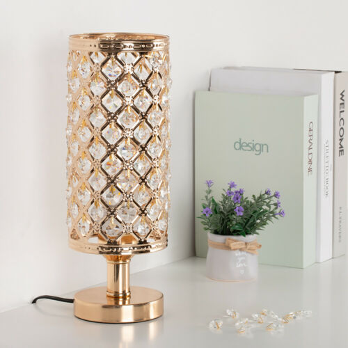 Set of 2 Gold Crystal Table Lamp Vintage Nightstand with Clear Crystal Lampshade 7