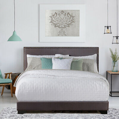 Queen Size Upholstered Bed Frame With Wood Slat Platform Headboard Nailhead Trim