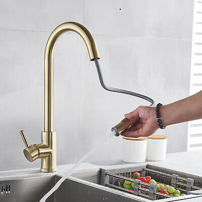 Brushed Gold Kitchen Sink Faucet Pull Out Spray Commercial 1 Hole Deck Mount 5