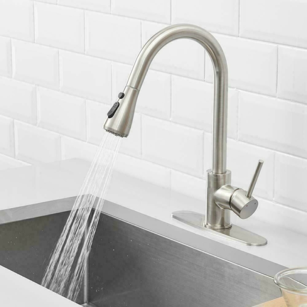 Kitchen Sink Faucet Stainless Steel Single Handle W/ Pull Out Sprayer 4