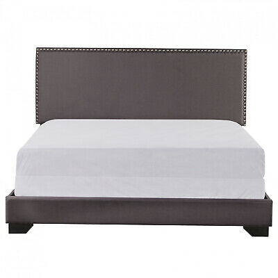 Queen Size Upholstered Bed Frame With Wood Slat Platform Headboard Nailhead Trim 4