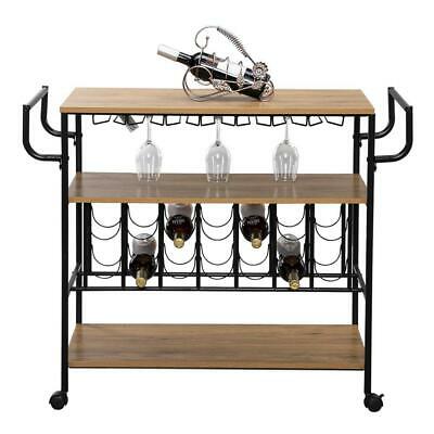 Kitchen Home Serving Carts Rolling Bar Wine Glass Holder 3 Tier Storage Shelves 4