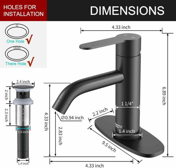 Bathroom Sink Faucet w/ Pop-Up Single Handle Stainless Steel 1 Hole Black Matte 5