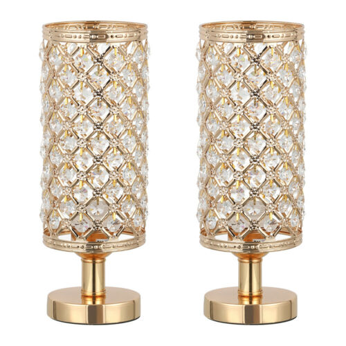 Set of 2 Gold Crystal Table Lamp Vintage Nightstand with Clear Crystal Lampshade