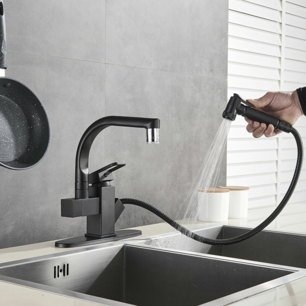 Matte Black LED Kitchen Faucet Sink Pull Out Sprayer Mixer Tap Swivel Spout With Cover 5
