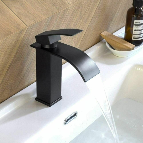 Bathroom Sink Faucet Waterfall Basin With Cover Plate Mixer Tap Matte Black 5