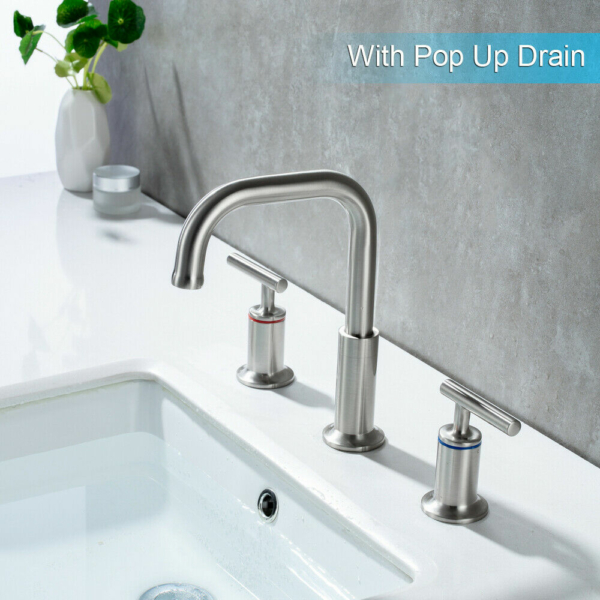 Widespread Bathroom Basin Sink Faucet Mixer Tap 3 Hole 2 Handle W/ Pop Up Drain 5