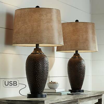 Rustic Industrial Table Lamp with USB Hammered Bronze Faux Leather