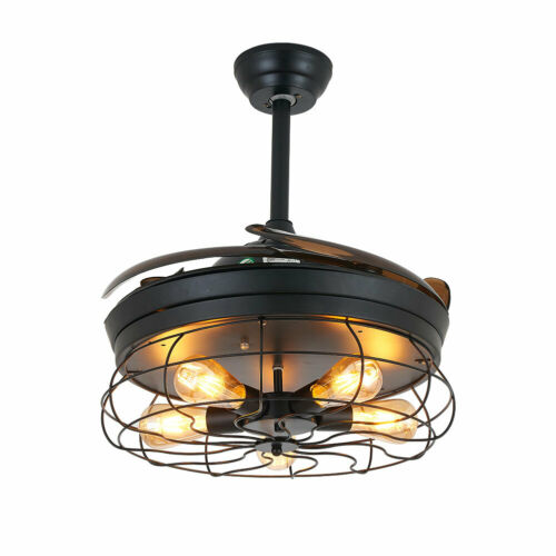 42'' Metal Cage Round Ceiling Fan Light Rustic With Retractable Blade 4