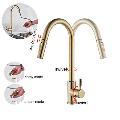 Brushed Gold Kitchen Sink Faucet Pull Out Spray Commercial 1 Hole Deck Mount 1