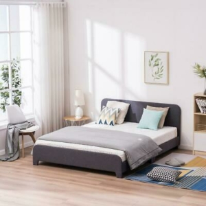 New Full Size Platform Slats Bed Frame Upholstered Headboard Slats Bedroom Gray