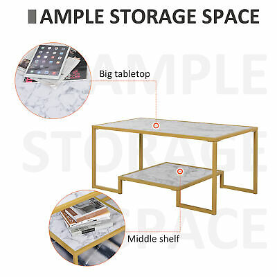 Modern Coffee Table with Underneath Storage Shelf, White & Gold 3