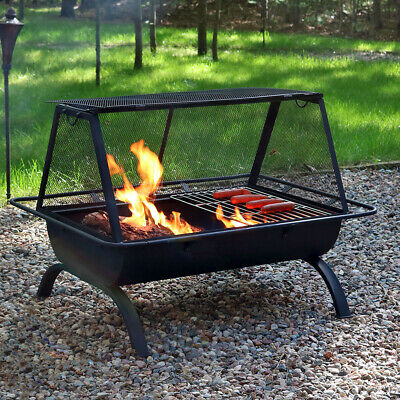 36" Sunnydaze Fire Pit Steel Northland Grill with Spark Screen and Vinyl Cover