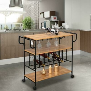 Kitchen Home Serving Carts Rolling Bar Wine Glass Holder 3 Tier Storage Shelves