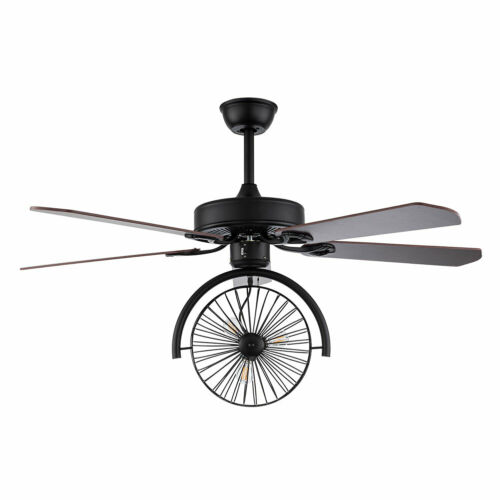 Ceiling Fan with Light Industrial Retractable Blades Vintage Cage Chandelier +RC 11