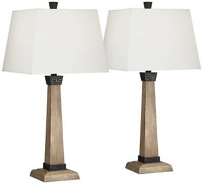 Rustic Farmhouse Table Lamps Set of 2 Wood Oatmeal Square Shade for Living Room 1