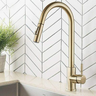 Brushed Gold Kitchen Sink Faucet Pull Out Spray Commercial 1 Hole Deck Mount