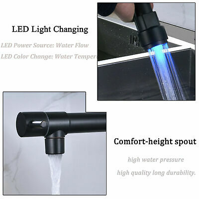 Matte Black LED Kitchen Sink Faucet Pull Down Sprayer Spring With Cover 9
