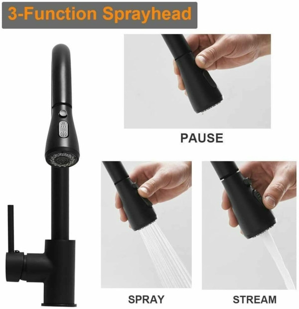 Kitchen Faucet Black Pull Down Sprayer Head 3 Holes Sink Taps W/soap dispenser 6