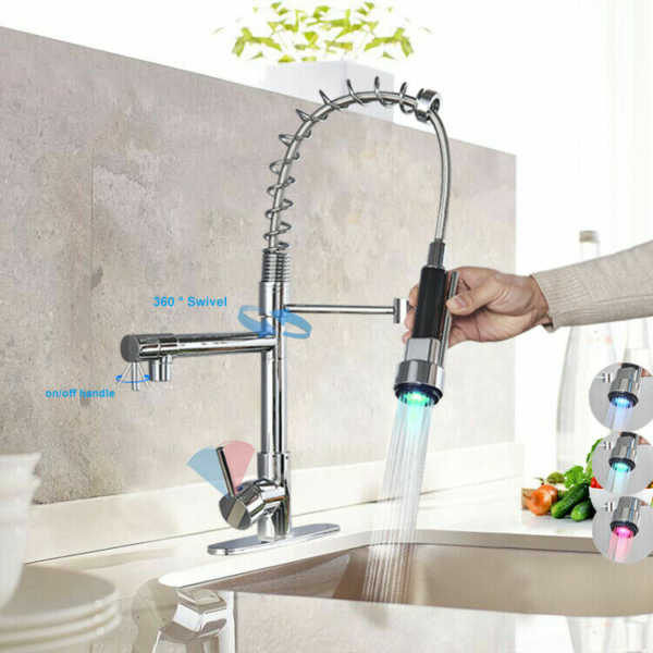 Chrome LED Kitchen Faucet Sink Swivel Mixer Tap Pull Down Sprayer With Cover