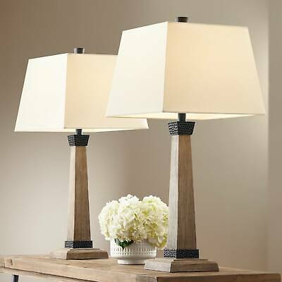 Rustic Farmhouse Table Lamps Set of 2 Wood Oatmeal Square Shade for Living Room