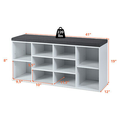 Entryway Padded Shoe Storage Bench Utility 10-Cube Organizer Adjustable White 2