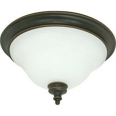 Rustic Bronze And Satin White Glass Flush Ceiling Fixture