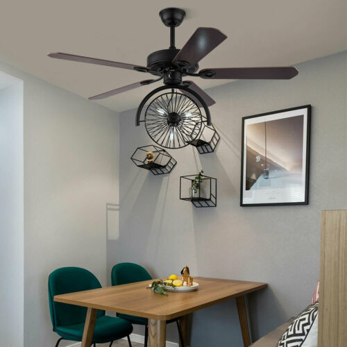 Ceiling Fan with Light Industrial Retractable Blades Vintage Cage Chandelier +RC 6