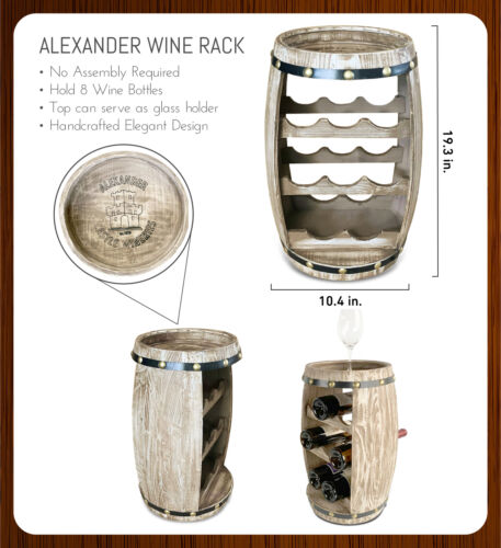 Modern Alexander Wine Rack Rustic Wooden Barrel - 8 Wine Bottles 2
