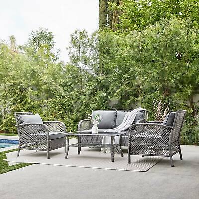 Outdoor Patio Furniture Grey PE Wicker Luxury Sofa Seating Cushioned Set 4pcs