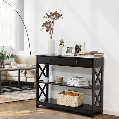 3-Tier Console Table X-Design Sofa Entryway Table w/ Drawer Shelves Espresso