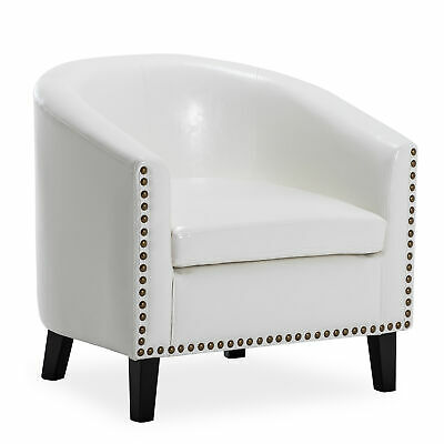Modern Home Upholstered Tub Barrel Accent Chair Faux Leather Nailhead, White 2