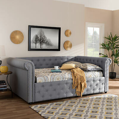 Mabelle Modern Button-Tufted Gray Fabric Rolled Arms Sofa Daybed Bed Frame