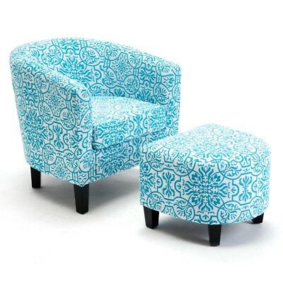Modern Curved Back Home Armrest Accent Chair Floral Print with Ottoman, Blue 2