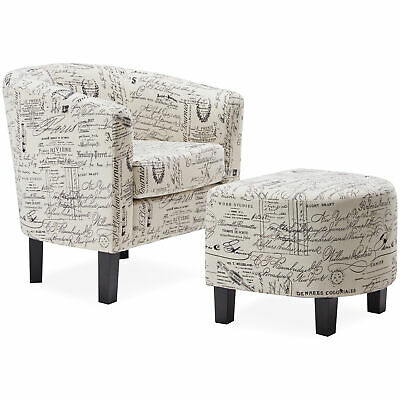 Accent Chair with Curved Back & French Print w/ Ottoman Modern Armrest, Beige 3