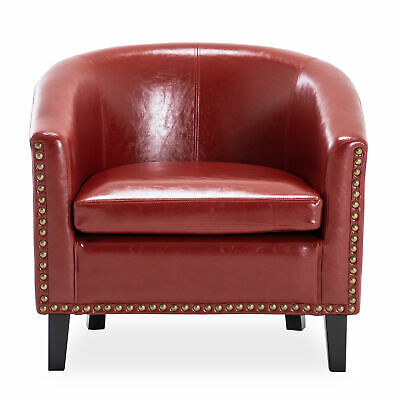 Faux Leather Club Chair Accent Arm Chair Upholstered Living Room Furniture, Red 3