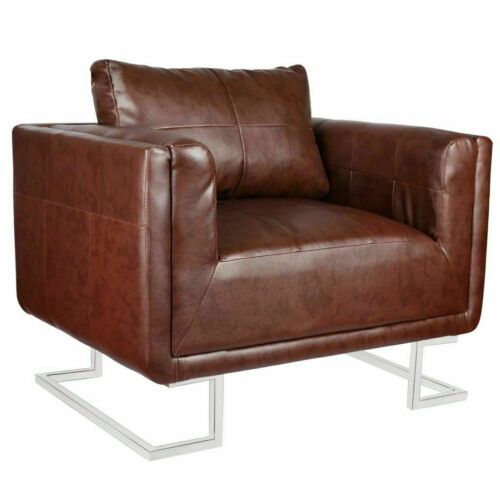 Luxury Cube Armchair with Chrome Feet Brown Club Accent Chair Furniture