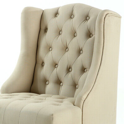 French Vintage Inspired Tall Wingback Light Beige Tufted Fabric Accent Chair 2