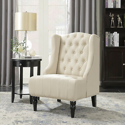 French Vintage Inspired Tall Wingback Light Beige Tufted Fabric Accent Chair