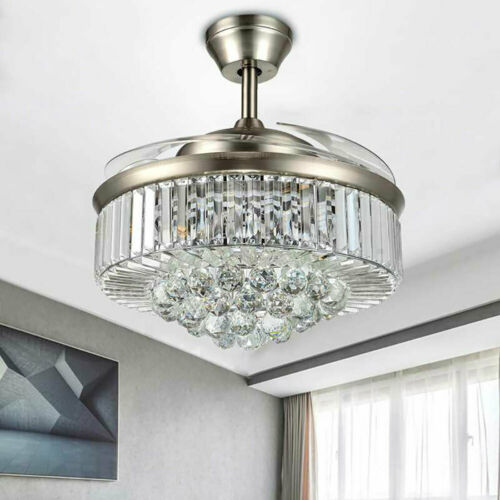42" Invisible Ceiling Fan Light Crystal Chandelier Pendant Lamp w/Remote - Silver 10