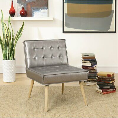Amity Tufted Accent Chair in Sizzle Pewter Fabric with Solid Wood Legs
