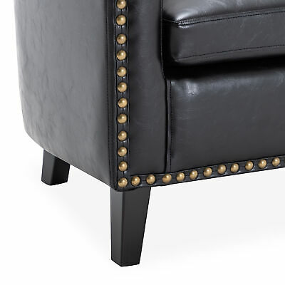 Modern Tub Barrel Accent Chair Faux Leather Nailhead, Black 5