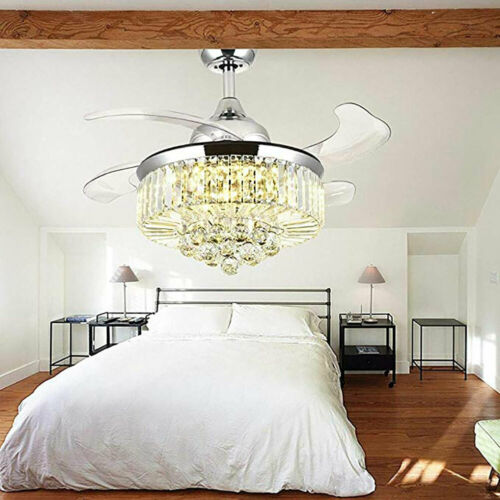 42" Invisible Ceiling Fan Light Crystal Chandelier Pendant Lamp w/Remote - Silver 2