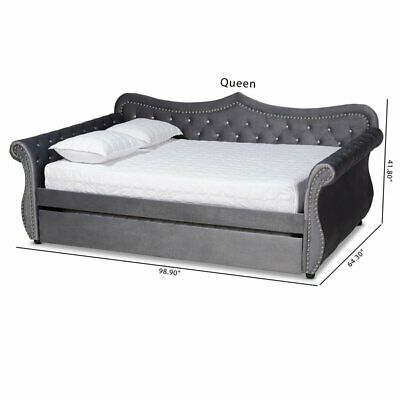 Baxton Studio Abbie Gray Velvet Crystal Tufted Queen Size Daybed with Trundle 5