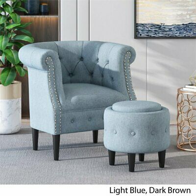 Noble House Beihoffer Petite Tufted Fabric Chair and Ottoman Set in Light Blue 5