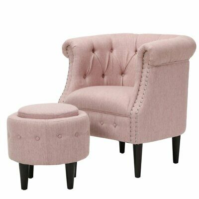 Noble House Beihoffer Petite Tufted Fabric Chair and Ottoman Set in Light Blush 1